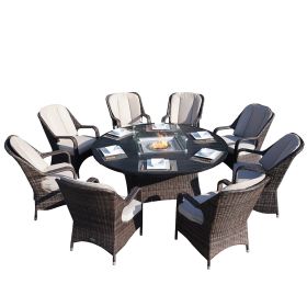 Turnbury Outdoor 9 Piece Patio Wicker Gas Fire Pit Set Round Table With Arm Chairs by Direct Wicker